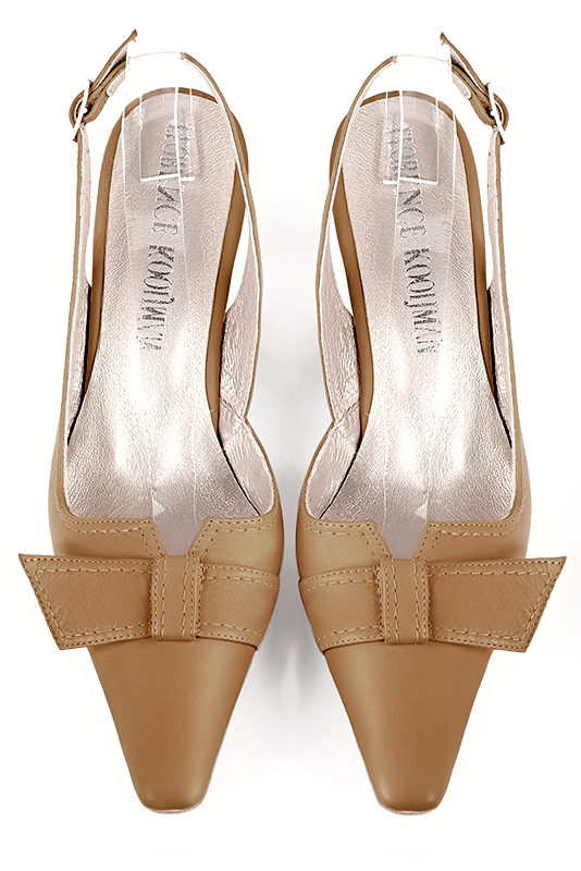 Camel beige women's open back shoes, with a knot. Tapered toe. Medium spool heels. Top view - Florence KOOIJMAN